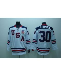 2010 Olympic Team USA #30 Tim Thomas Stitched White 1960 Throwback NHL Jersey