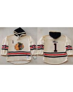 Blackhawks #1 Glenn Hall Cream Heavyweight Pullover Hoodie Stitched NHL Jersey
