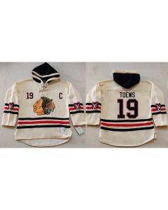 Blackhawks #19 Jonathan Toews Cream Heavyweight Pullover Hoodie Stitched NHL Jersey
