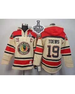 Blackhawks #19 Jonathan Toews Cream Sawyer Hooded Sweatshirt 2015 Stanley Cup Stitched NHL Jersey