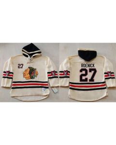 Blackhawks #27 Jeremy Roenick Cream Heavyweight Pullover Hoodie Stitched NHL Jersey