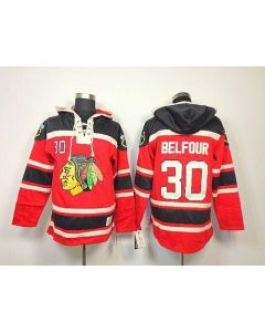 Blackhawks #30 ED Belfour Red Sawyer Hooded Sweatshirt Stitched NHL Jersey