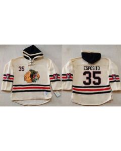 Blackhawks #35 Tony Esposito Cream Heavyweight Pullover Hoodie Stitched NHL Jersey