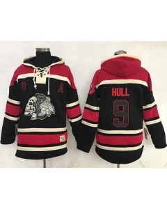 Blackhawks #9 Bobby Hull Black Sawyer Hooded Sweatshirt Stitched NHL Jersey