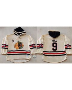 Blackhawks #9 Bobby Hull Cream Heavyweight Pullover Hoodie Stitched NHL Jersey