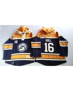 Blues #16 Brett Hull Navy Blue/Gold Sawyer Hooded Sweatshirt Stitched NHL Jersey