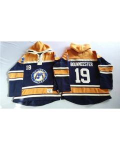 Blues #19 Jay Bouwmeester Navy Blue/Gold Sawyer Hooded Sweatshirt Stitched NHL Jersey