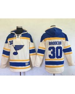 Blues #30 Martin Brodeur Cream Sawyer Hooded Sweatshirt Stitched NHL Jersey