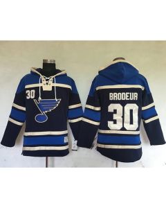 Blues #30 Martin Brodeur Navy Blue Sawyer Hooded Sweatshirt Stitched NHL Jersey
