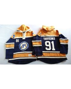 Blues #91 Vladimir Tarasenko Navy Blue/Gold Sawyer Hooded Sweatshirt Stitched NHL Jersey