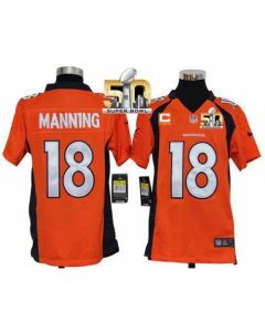 Broncos #18 Peyton Manning Orange Team Color With C Patch Super Bowl 50 Youth Stitched NFL Elite Jersey