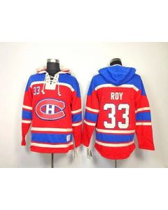Canadiens #33 Patrick Roy Red Sawyer Hooded Sweatshirt Stitched NHL Jersey
