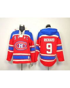 Canadiens #9 Maurice Richard Red Sawyer Hooded Sweatshirt Stitched NHL Jersey
