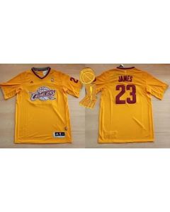 Cavaliers #23 LeBron James Yellow Throwback Short Sleeve The Champions Patch Stitched NBA Jersey