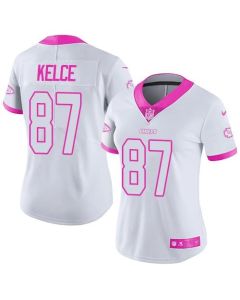 Chiefs #87 Travis Kelce White/Pink Women's Stitched NFL Limited Rush Fashion Jersey