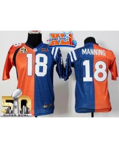 Colts #18 Peyton Manning Orange/Blue Super Bowl XLI & Super Bowl 50 Youth Stitched NFL Elite Split Broncos Jersey