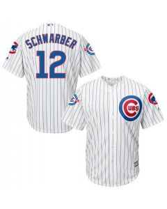 Cubs #12 Kyle Schwarber White Strip New Cool Base with 100 Years at Wrigley Field Commemorative Patch Stitched MLB Jersey