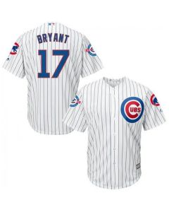 Cubs #17 Kris Bryant White Strip New Cool Base with 100 Years at Wrigley Field Commemorative Patch Stitched MLB Jersey
