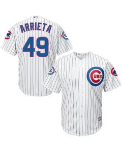 Cubs #49 Jake Arrieta White Strip New Cool Base with 100 Years at Wrigley Field Commemorative Patch Stitched MLB Jersey