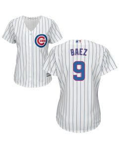 Cubs #9 Javier Baez White(Blue Strip) Home Women's Stitched MLB Jersey
