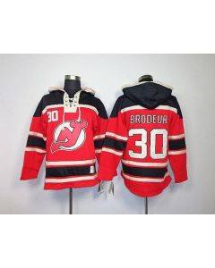 Devils #30 Martin Brodeur Red Sawyer Hooded Sweatshirt Stitched NHL Jersey