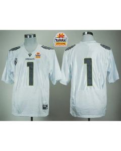 Ducks #1 Fan White With PAC-12 Patch Tostitos Fiesta Bowl Stitched NCAA Jersey