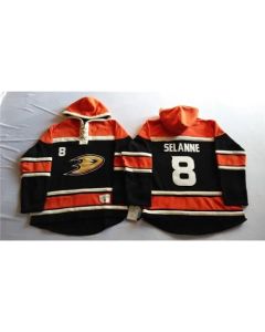 Ducks #8 Teemu Selanne Black Sawyer Hooded Sweatshirt Stitched NHL Jersey