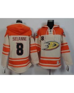 Ducks #8 Teemu Selanne Cream/Orange Sawyer Hooded Sweatshirt Stitched NHL Jersey