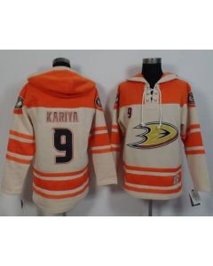 Ducks #9 Paul Kariya Cream/Orange Sawyer Hooded Sweatshirt Stitched NHL Jersey