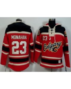 Flames #23 Sean Monahan Red/Black Sawyer Hooded Sweatshirt Stitched NHL Jersey