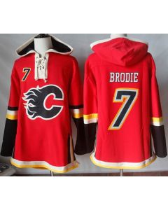 Flames #7 TJ Brodie Red Sawyer Hooded Sweatshirt Stitched NHL Jersey