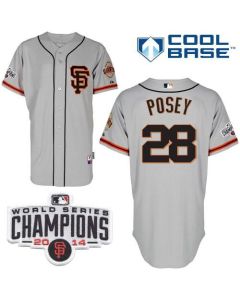 Giants #28 Buster Posey Grey Road 2 Cool Base W/2014 World Series Champions Patch Stitched MLB Jersey