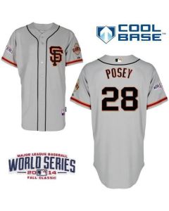 Giants #28 Buster Posey Grey Road 2 Cool Base W/2014 World Series Patch Stitched Youth MLB Jersey