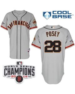 Giants #28 Buster Posey Grey W/2014 World Series Champions Patch Stitched MLB Jersey