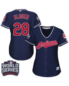 indians #28 Corey Kluber Navy Blue 2016 World Series Bound Women's Alternate Stitched MLB Jersey