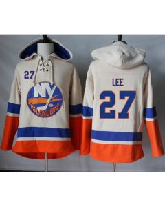 Islanders #27 Anders Lee Cream Sawyer Hooded Sweatshirt Stitched NHL Jersey