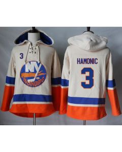 Islanders #3 Travis Hamonic Cream Sawyer Hooded Sweatshirt Stitched NHL Jersey