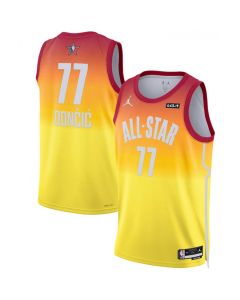 Men's 2023 All-Star #77 Luka Doncic Orange Game Swingman Stitched Basketball Jersey (Orange)