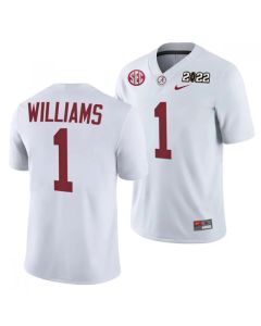 Men's Alabama Crimson Tide #1 Jameson Williams 2022 Patch White College Football Stitched Jersey