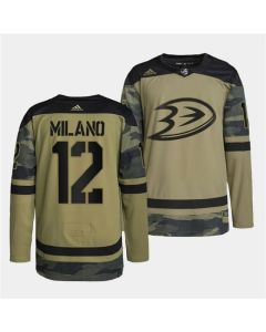 Men's Anaheim Ducks #12 Sonny Milano 2022 Camo Military Appreciation Night Stitched Jersey