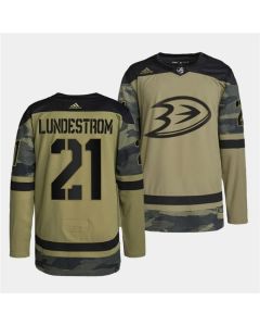 Men's Anaheim Ducks #21 Isac Lundestrom 2022 Camo Military Appreciation Night Stitched Jersey