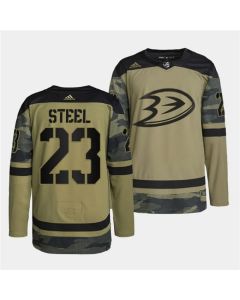 Men's Anaheim Ducks #23 Sam Steel 2022 Camo Military Appreciation Night Stitched Jersey