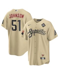Men's Arizona Diamondbacks #51 Randy Johnson Cream 2023 World Series City Connect Cool Base Stitched Baseball Jersey