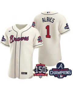 Men's Atlanta Braves #1 Ozzie Albies 2021 Cream World Series Champions With 150th Anniversary Flex Base Stitched Jersey