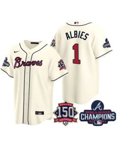 Men's Atlanta Braves #1 Ozzie Albies 2021 Cream World Series Champions With 150th Anniversary Patch Cool Base Stitched Jersey