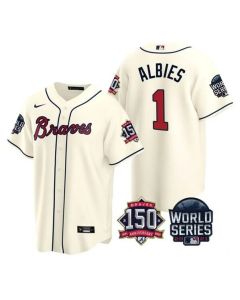 Men's Atlanta Braves #1 Ozzie Albies 2021 Cream World Series With 150th Anniversary Patch Cool Base Stitched Jersey