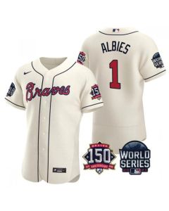 Men's Atlanta Braves #1 Ozzie Albies 2021 Cream World Series With 150th Anniversary Patch Stitched Baseball Jersey