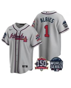 Men's Atlanta Braves #1 Ozzie Albies 2021 Gray World Series With 150th Anniversary Patch Cool Base Stitched Jersey