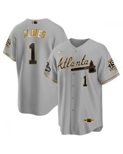 Men's Atlanta Braves #1 Ozzie Albies 2021 Grey/Gold World Series Champions With 150th Anniversary Patch Cool Base Stitched Jersey