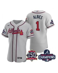 Men's Atlanta Braves #1 Ozzie Albies 2021 Grey World Series Champions With 150th Anniversary Flex Base Stitched Jersey